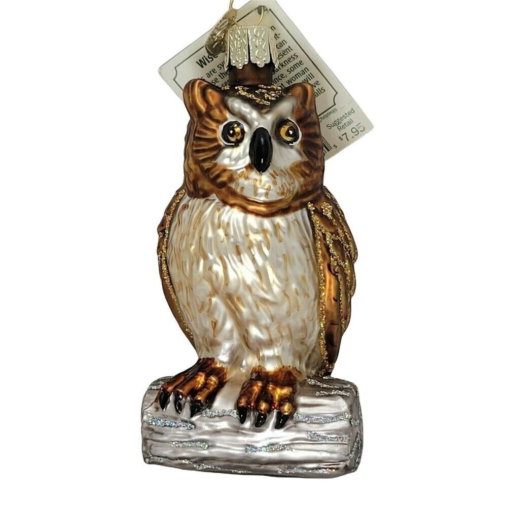 Old World Christmas Wise Old‎ Owl Glass Ornament Brown Gold Glitter 2003